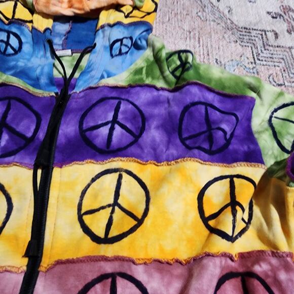 Hippie Peace Sign Hoodie XXL Tie Dye Striped Exposed Seam Zip Up Multi Jacket - Picture 3 of 8